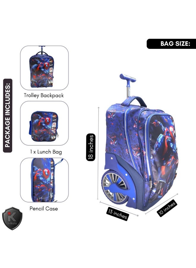 i-kola STYLE BLUE SPI DER 3pcs Kids Rolling School Bag Set – School Trolley Bag with Lunch Bag & Pencil Case | 18″ Kid Luggage Bag with Wheels & Telescopic Handle for Boys & Girls (E991 18BW3) - Image 4