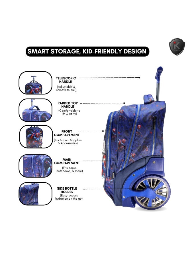 i-kola STYLE BLUE SPI DER 3pcs Kids Rolling School Bag Set – School Trolley Bag with Lunch Bag & Pencil Case | 18″ Kid Luggage Bag with Wheels & Telescopic Handle for Boys & Girls (E991 18BW3) - Image 2