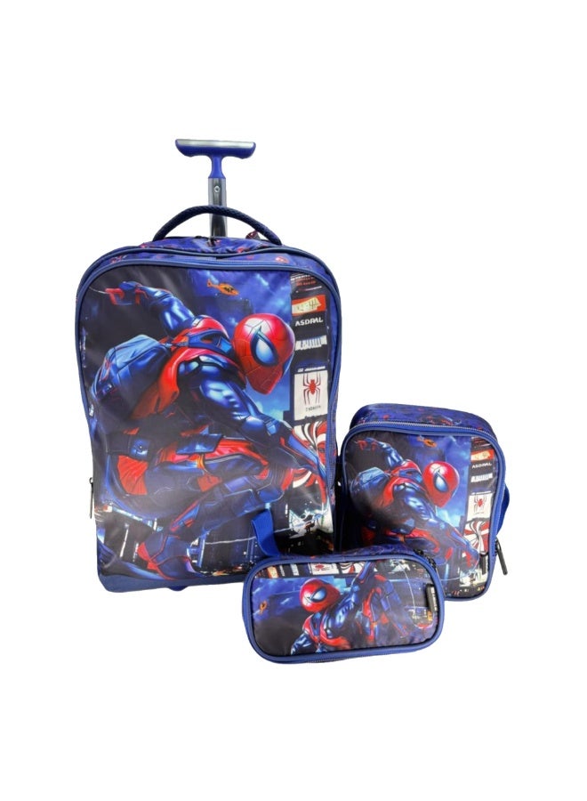 i-kola STYLE BLUE SPI DER 3pcs Kids Rolling School Bag Set – School Trolley Bag with Lunch Bag & Pencil Case | 18″ Kid Luggage Bag with Wheels & Telescopic Handle for Boys & Girls (E991 18BW3) - Image 1