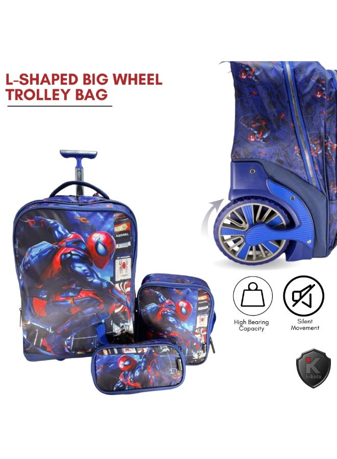 i-kola STYLE BLUE SPI DER 3pcs Kids Rolling School Bag Set – School Trolley Bag with Lunch Bag & Pencil Case | 18″ Kid Luggage Bag with Wheels & Telescopic Handle for Boys & Girls (E991 18BW3) - Image 3