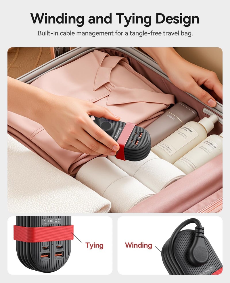 Orico أوريكو 65 واط شريط الطاقة للسفر USB، محطة شحن 7 في 1 مع 3 مخرج AC، 2 USB-A، 2 USB-C، قابس مسطح وكابل تمديد رفيع بطول 4 أقدام، شاحن سريع لماك بوك، آيباد، آيفون 17/16/15 - TK65 - Image 2