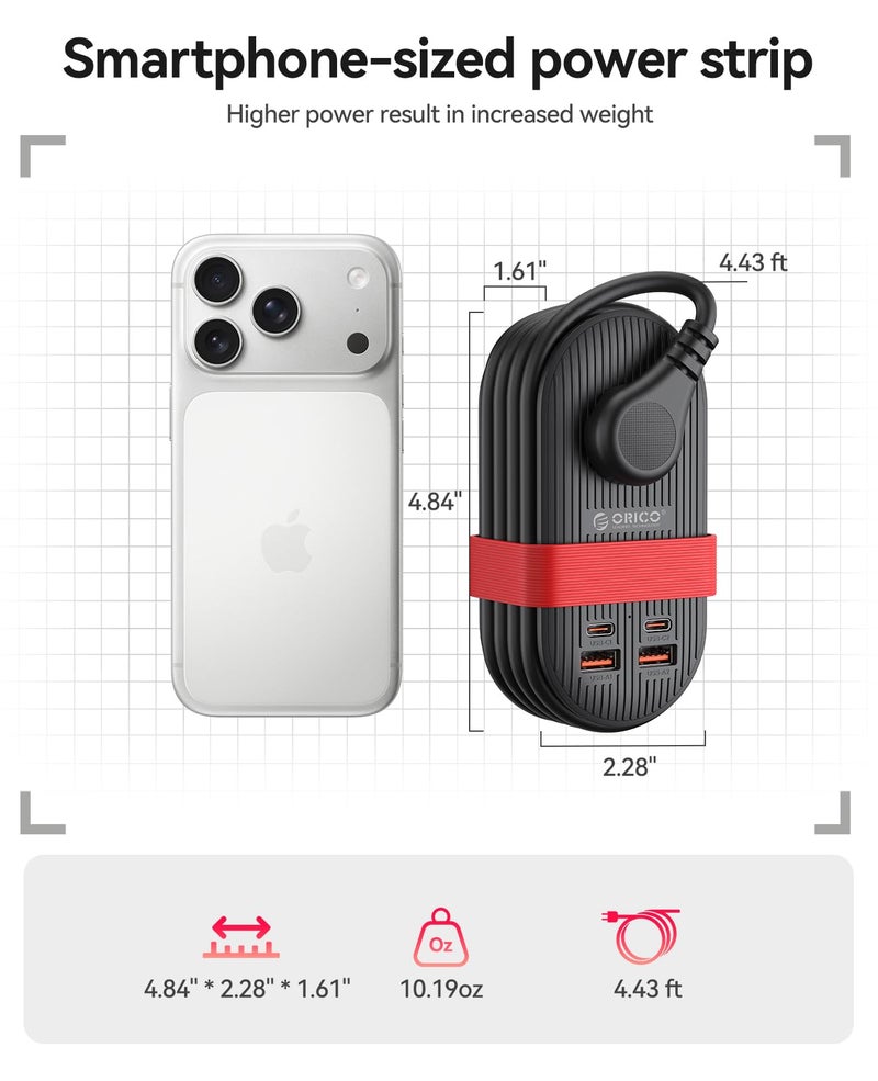 Orico أوريكو 65 واط شريط الطاقة للسفر USB، محطة شحن 7 في 1 مع 3 مخرج AC، 2 USB-A، 2 USB-C، قابس مسطح وكابل تمديد رفيع بطول 4 أقدام، شاحن سريع لماك بوك، آيباد، آيفون 17/16/15 - TK65 - Image 5