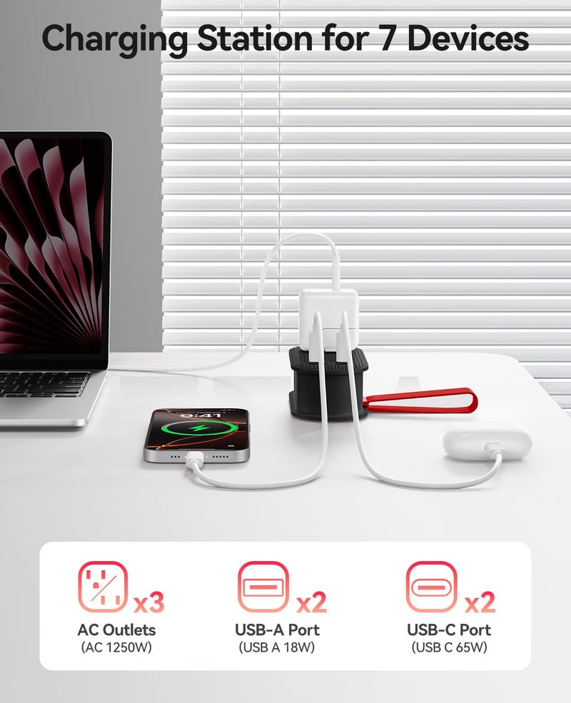 Orico أوريكو 65 واط شريط الطاقة للسفر USB، محطة شحن 7 في 1 مع 3 مخرج AC، 2 USB-A، 2 USB-C، قابس مسطح وكابل تمديد رفيع بطول 4 أقدام، شاحن سريع لماك بوك، آيباد، آيفون 17/16/15 - TK65 - Image 3