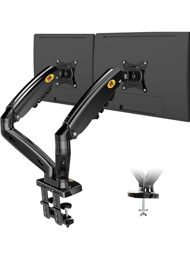 Dual desktop monitor stand for 17-30 inch monitors with adjustable gas spring arms, height, tilt, and swivel control, and compatibility with standard mounting sizes. - Image 2