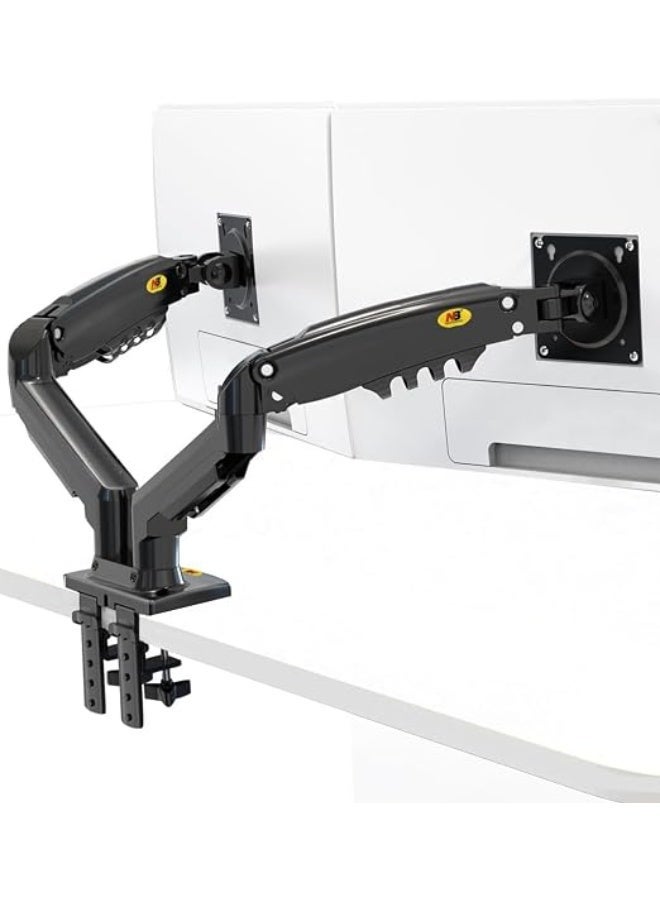 Dual desktop monitor stand for 17-30 inch monitors with adjustable gas spring arms, height, tilt, and swivel control, and compatibility with standard mounting sizes. - Image 1