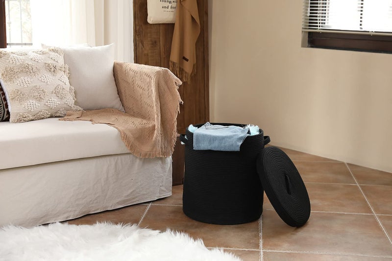 Cottonphant 20" x 20" x 15" Extra Large Storage Basket with Lid, Cotton Rope Storage Baskets, Laundry Hamper, Cloth Bin, for Clothes Towels Blankets Pillows Storage in Living Room, Basket with Cover Dark Blue - Image 3