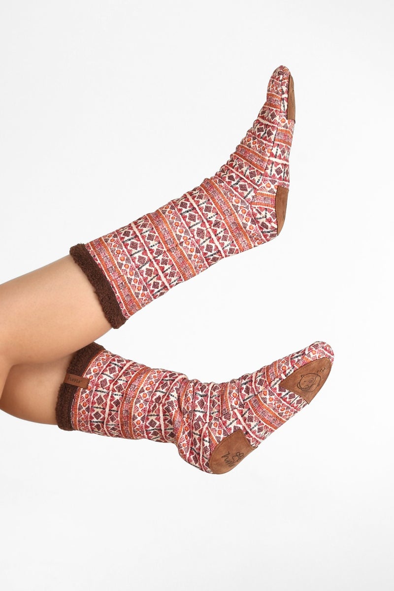 Hamur Dough Women's Colorful Patterned Winter Socks Anti-Slip Booties CRP-044 Olden Brown Wellsoft  - Image 1