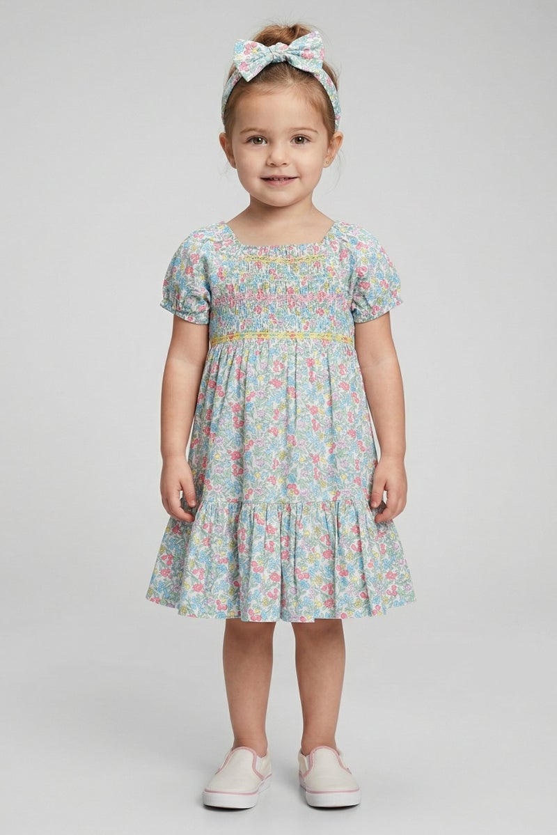 Willow & Whistle فتاة صغيرة 2 قطع فستان مزهر مع ربط رأس، متعدد الألوان - Image 1