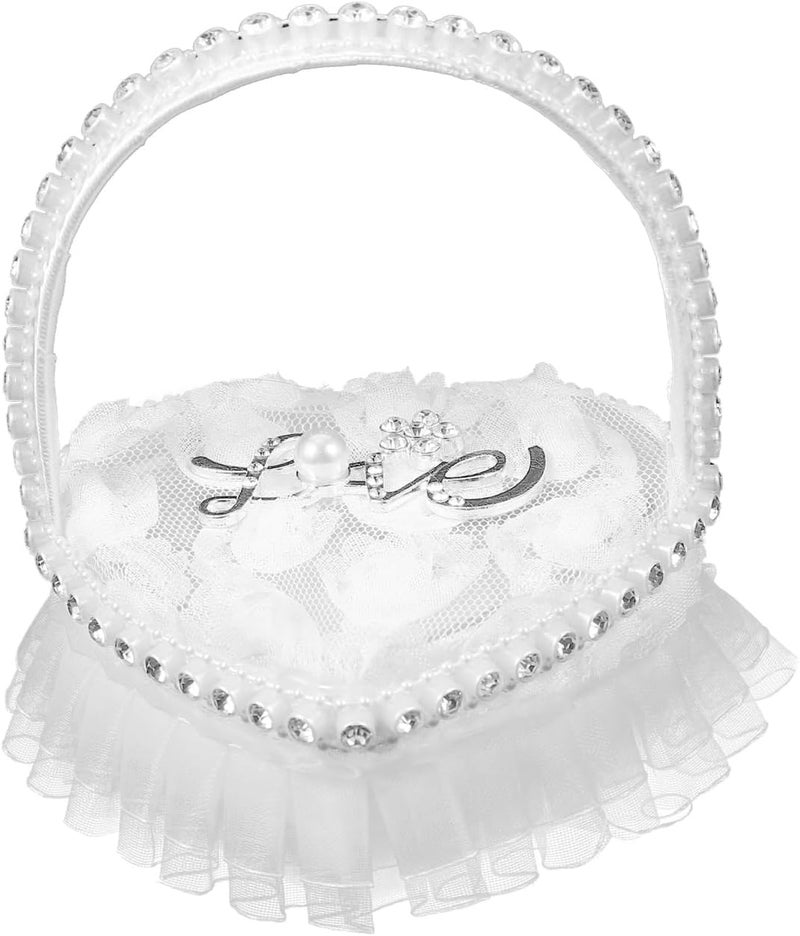 VICASKY Lace Ring Pillow Ring Bearer Cushion Wedding Pillow Heart Shape Barrier for Wedding Heart Shaped Bracket Box Pearl Bride Satin - Image 1