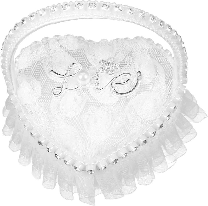 VICASKY Lace Ring Pillow Ring Bearer Cushion Wedding Pillow Heart Shape Barrier for Wedding Heart Shaped Bracket Box Pearl Bride Satin - Image 2