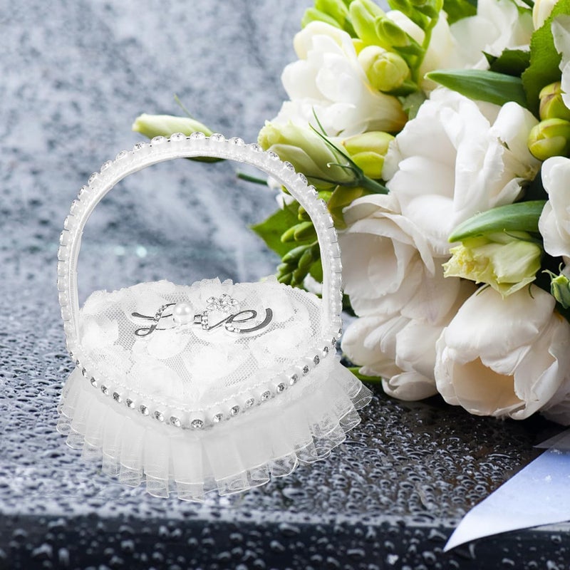 VICASKY Lace Ring Pillow Ring Bearer Cushion Wedding Pillow Heart Shape Barrier for Wedding Heart Shaped Bracket Box Pearl Bride Satin - Image 3
