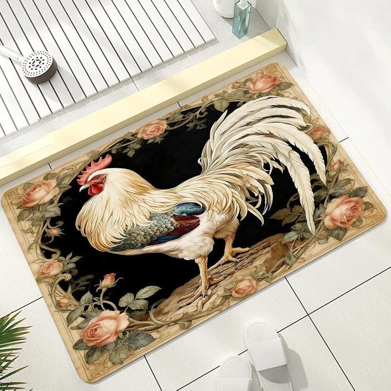Rooster Bath Mat, Vintage Floral Chicken Bathroom Rug, Rustic Farmhouse Bathmat, Rooster Rugs for Bathroom, Diatomaceous Earth Bath Mat, Non Slip & Absorbent & Washable, 18x30 Inch - Image 1