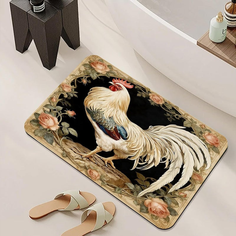 Rooster Bath Mat, Vintage Floral Chicken Bathroom Rug, Rustic Farmhouse Bathmat, Rooster Rugs for Bathroom, Diatomaceous Earth Bath Mat, Non Slip & Absorbent & Washable, 18x30 Inch - Image 3