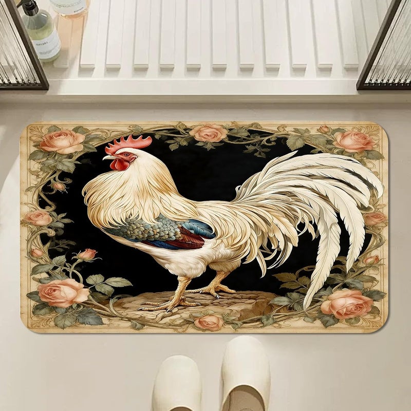Rooster Bath Mat, Vintage Floral Chicken Bathroom Rug, Rustic Farmhouse Bathmat, Rooster Rugs for Bathroom, Diatomaceous Earth Bath Mat, Non Slip & Absorbent & Washable, 18x30 Inch - Image 2
