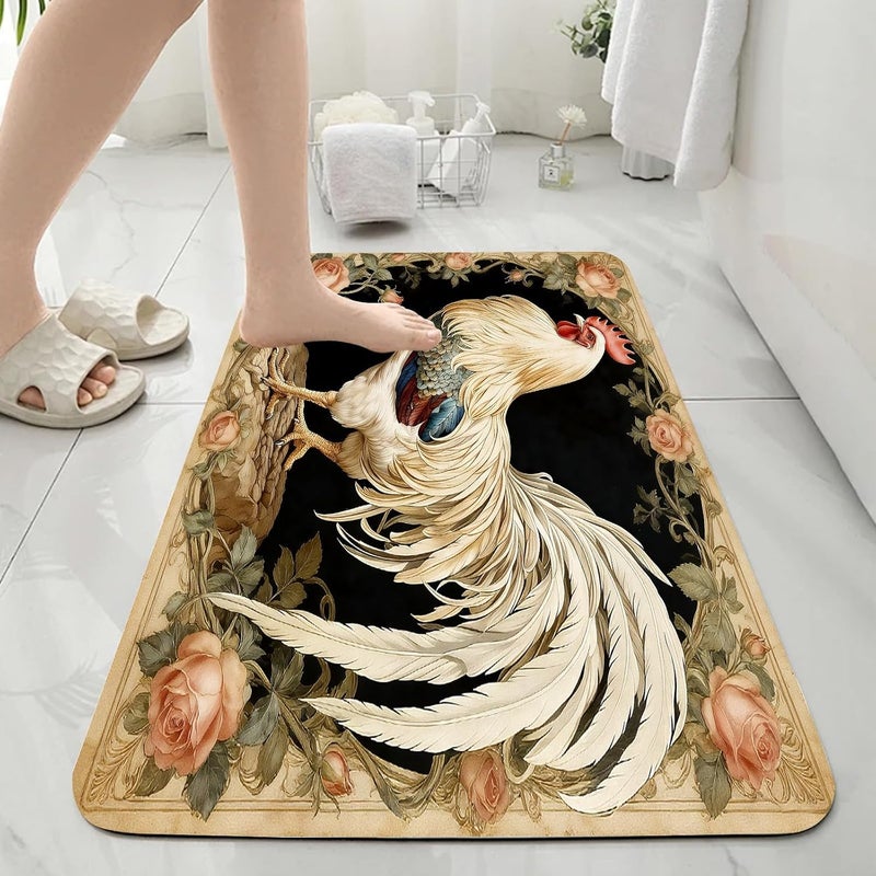 Rooster Bath Mat, Vintage Floral Chicken Bathroom Rug, Rustic Farmhouse Bathmat, Rooster Rugs for Bathroom, Diatomaceous Earth Bath Mat, Non Slip & Absorbent & Washable, 18x30 Inch - Image 4