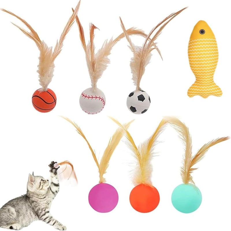 6Pcs Interactive Feather Ball Toy Set for Cats - Bouncy Cat Toys with Feather Tails - Image 1