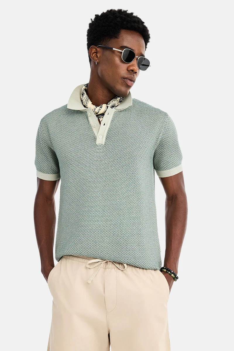 SNITCH Sage Green Textured Half Sleeve Regular Fit Vacation T-Shirt