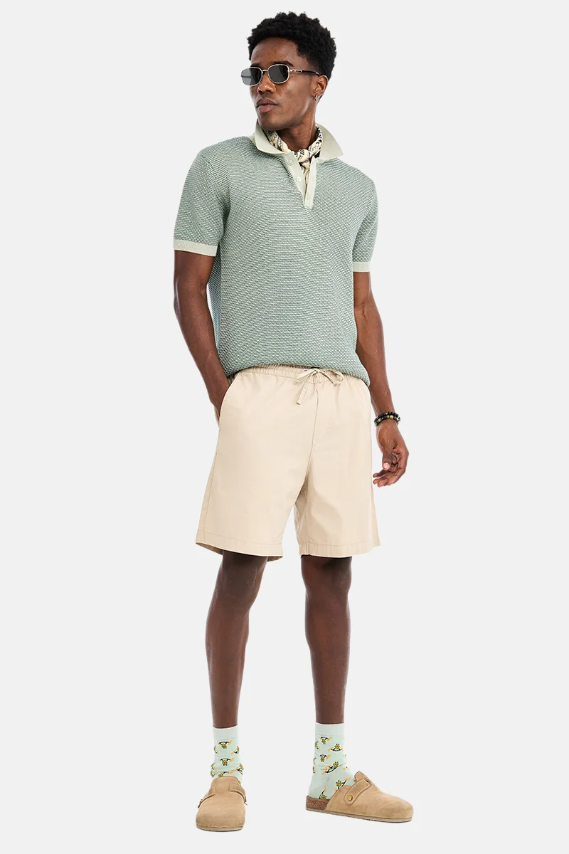 SNITCH Sage Green Textured Half Sleeve Regular Fit Vacation T-Shirt