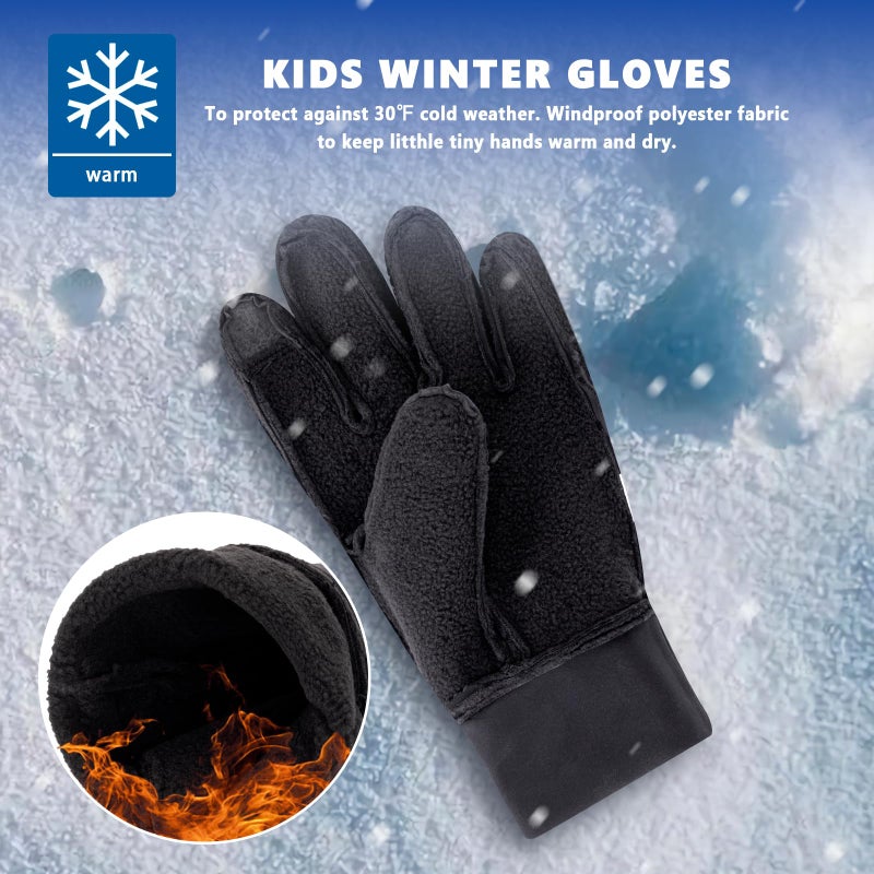 DARCHEN Kids Winter Gloves Black Cycling Gloves Running Water Repellent Touchscreen Warm Fleece Anti-slip for Boys Girls Age 4-12 Years Old Cycling Football Gloves - Image 3