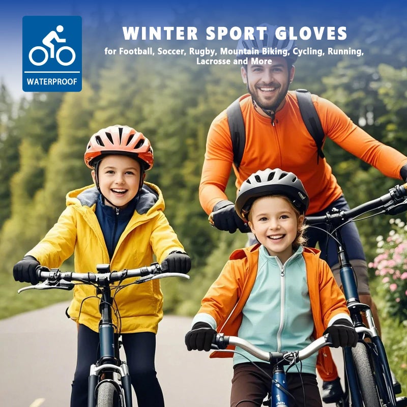 DARCHEN Kids Winter Gloves Black Cycling Gloves Running Water Repellent Touchscreen Warm Fleece Anti-slip for Boys Girls Age 4-12 Years Old Cycling Football Gloves - Image 2