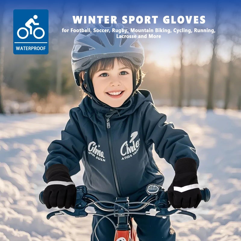 DARCHEN Kids Winter Gloves Black Cycling Gloves Running Water Repellent Touchscreen Warm Fleece Anti-slip for Boys Girls Age 4-12 Years Old Cycling Football Gloves - Image 5