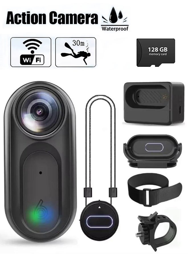 Mini Body Camera Action Cam with Auido & Video Recording, 128G TF Card, IPX7 Waterproof Thumb Size Hands Free Body Worn Cameras, Wearable Portable Camcorder for Work Travel Pet Walk Vlog - Image 1