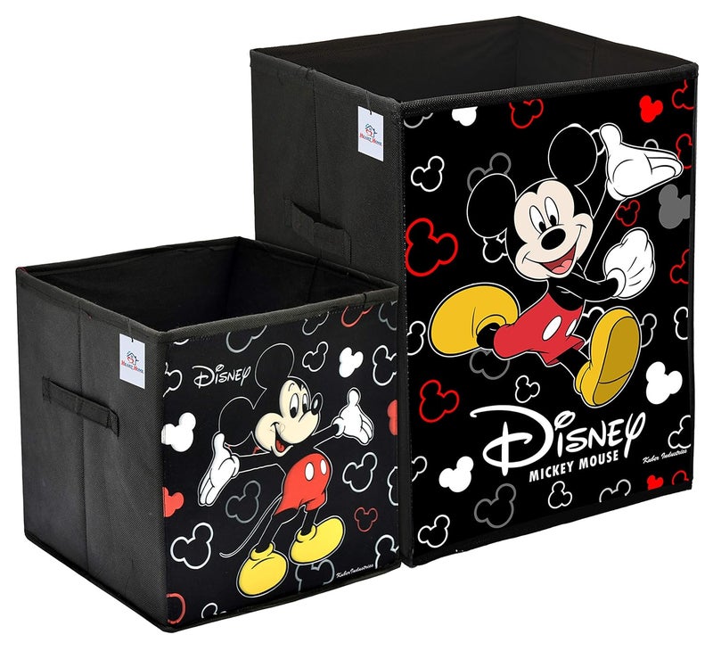 Kuber Industries Heart Home Disney Mickey Mouse Print Non Woven Large Size Fabric Foldable Laundry Basket and Small Size Cube Toy, Books, Shoes Storage Box with Handle (Set of 2, Black)-HEART11899, Standard - Image 1