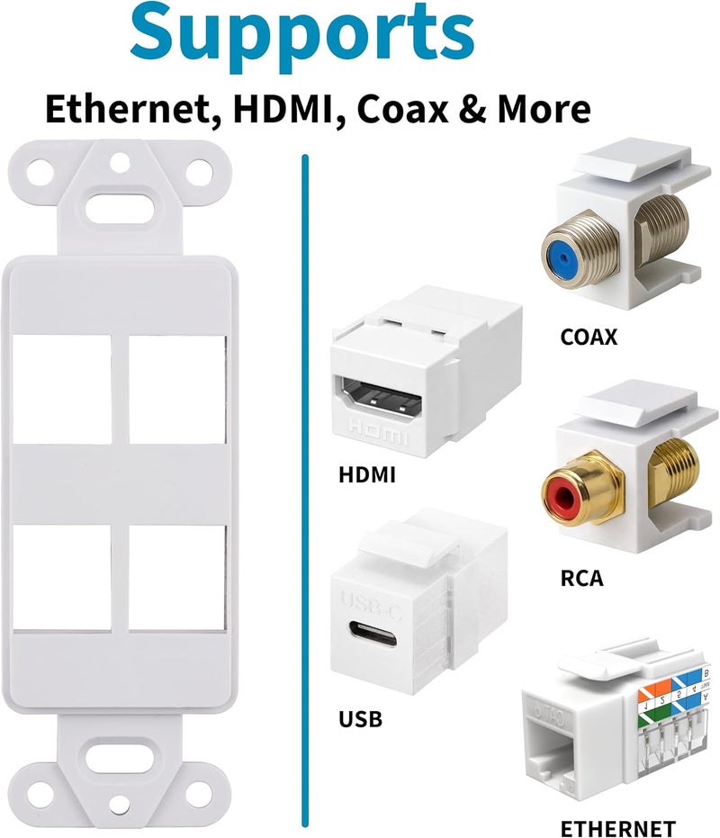 SATMAXIMUM 10 Pack Keystone Wall Plate 4 Port, White Decorator Insert Cover for Ethernet, HDMI, Coax, Cat6 Cat5, RJ45, Home & Office Installations - Image 2