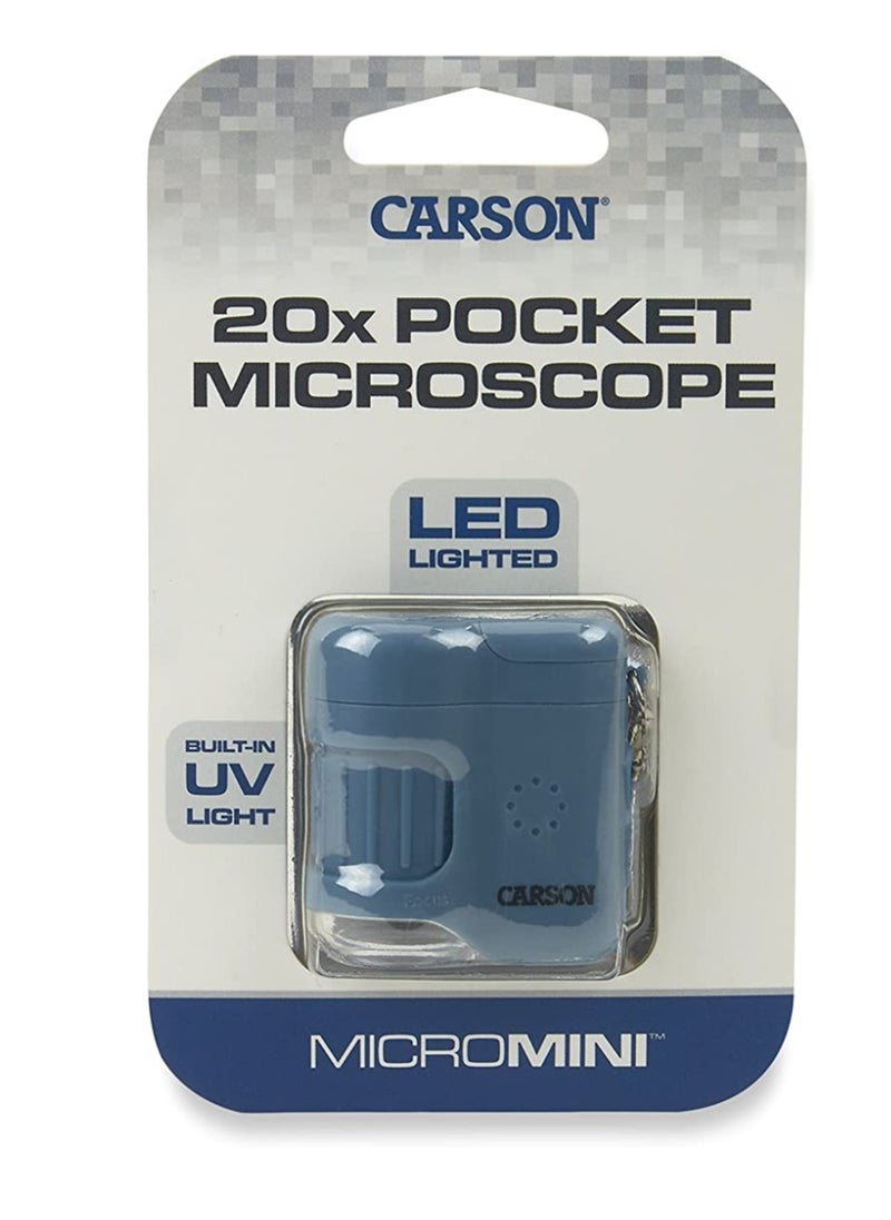 Carson MicroMini 20x LED Lighted Pocket Microscope with Built-In UV and LED Flashlight - Blue
