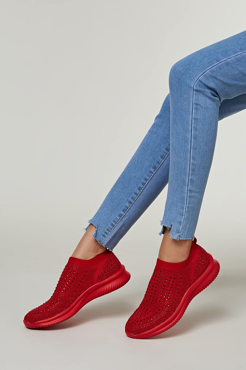 BELOS Women's Rhinestone Slip On Walking Shoes Breathable Mesh Knit Sock Shoes Fashion Comfortable Sparkly Sneaker(Red,9) - Image 2