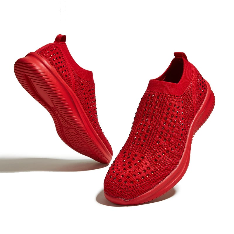 BELOS Women's Rhinestone Slip On Walking Shoes Breathable Mesh Knit Sock Shoes Fashion Comfortable Sparkly Sneaker(Red,9) - Image 1