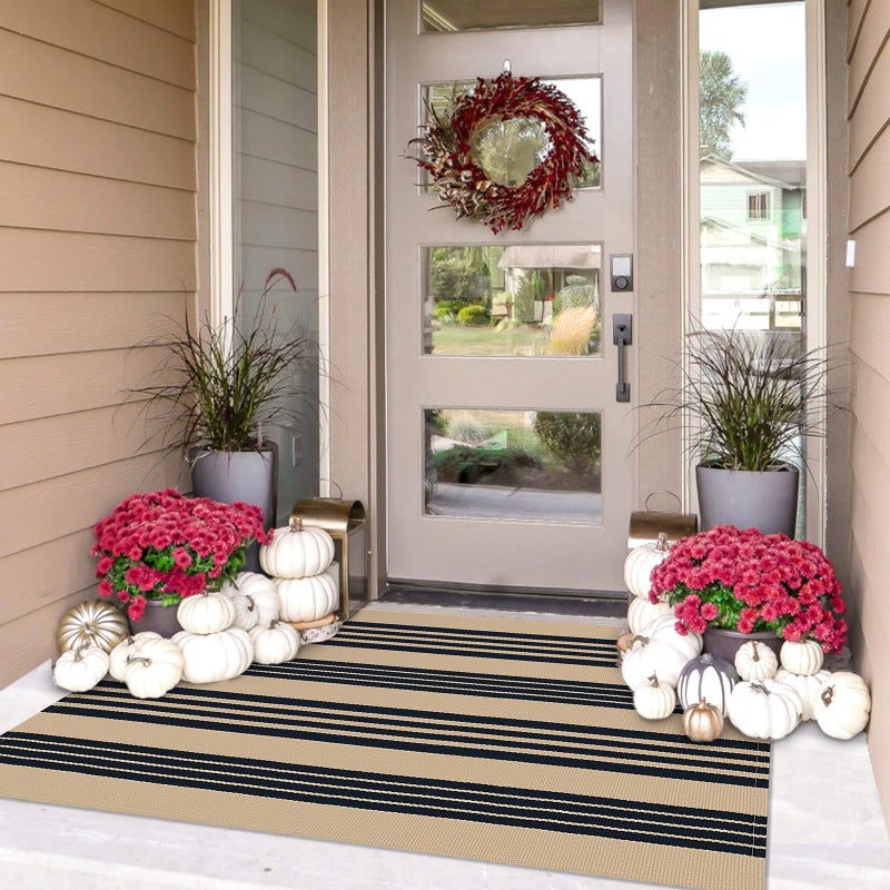 IOHOUZE Black and Tan Striped Rug 3'x5' Front Door Rugs Outdoor, Washable Area Rug for Front Porch, Spring Summer Welcome Mats Outdoor Indoor, Doormat for Entryway Porch Entrance - Image 1