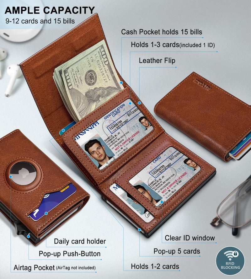 miyozi Airtag Wallet for Men,with Cash Pocket 2 ID Window 9-12 Cards,Metal Case Smart Slim Pop Up Credit Card Holder Flip with Magnetic Closure RFID Blocking Trifold wallet with Gift Box - Image 2