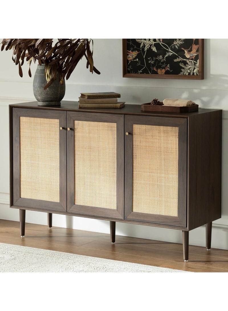 Chogori Rattan Storage Cabinet with 3 Doors, Boho Sideboard Buffet Cabinet Solid Wood Farmhouse Credenza Cabinet with Adjustable Shelves for Living Room Kitchen Entryway Hallway - Image 1