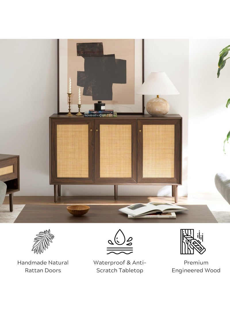 Chogori Rattan Storage Cabinet with 3 Doors, Boho Sideboard Buffet Cabinet Solid Wood Farmhouse Credenza Cabinet with Adjustable Shelves for Living Room Kitchen Entryway Hallway - Image 5