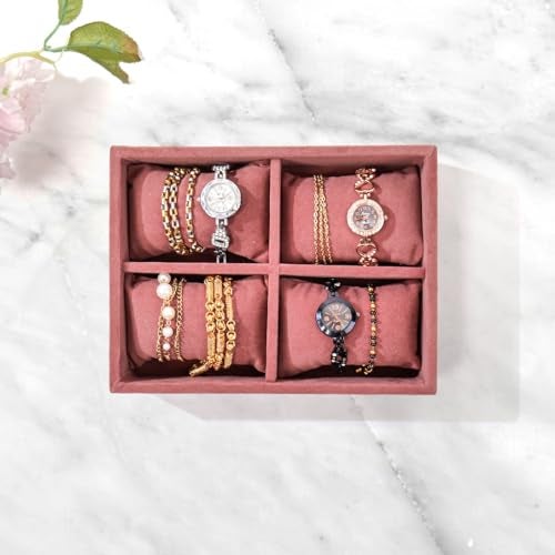 La Trove 4 Slot Watch Organizer Tray for Watches & Bracelets | Watch Storage Tray | Watch Display Organizer for Wardrobe Drawer & Dressing Table | Dark Pink - Image 1