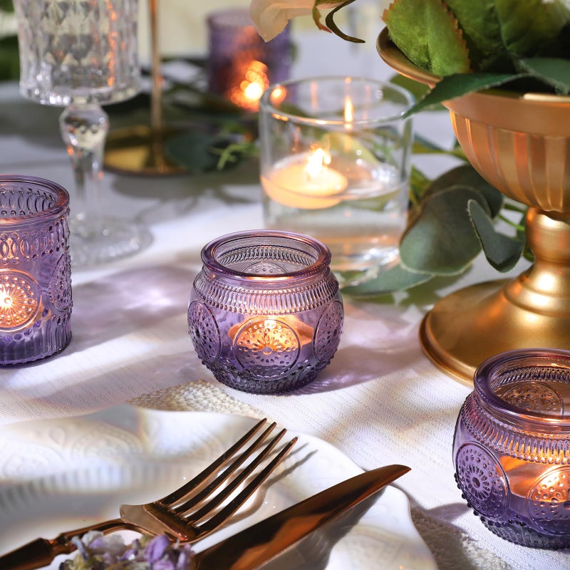 Devi 30pcs Assorted Purple Votive Candle Holders for Wedding Decorations, Boho Glass TeaLight Candle Holder, Wedding Table Centerpieces, Bridal Shower Decorations, Retro Purple Party Decor, Party Favors - Image 3