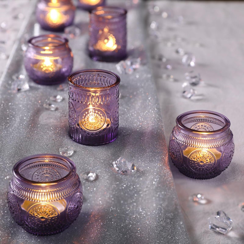 Devi 30pcs Assorted Purple Votive Candle Holders for Wedding Decorations, Boho Glass TeaLight Candle Holder, Wedding Table Centerpieces, Bridal Shower Decorations, Retro Purple Party Decor, Party Favors - Image 5