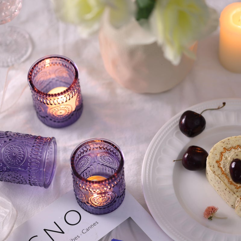 Devi 30pcs Assorted Purple Votive Candle Holders for Wedding Decorations, Boho Glass TeaLight Candle Holder, Wedding Table Centerpieces, Bridal Shower Decorations, Retro Purple Party Decor, Party Favors - Image 4