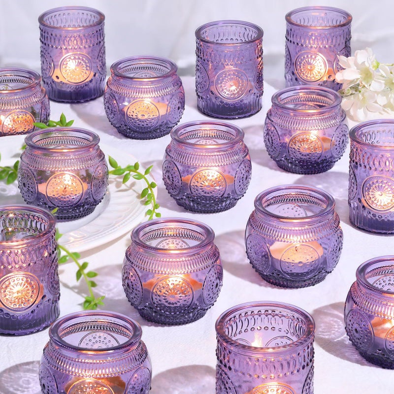 Devi 30pcs Assorted Purple Votive Candle Holders for Wedding Decorations, Boho Glass TeaLight Candle Holder, Wedding Table Centerpieces, Bridal Shower Decorations, Retro Purple Party Decor, Party Favors - Image 1