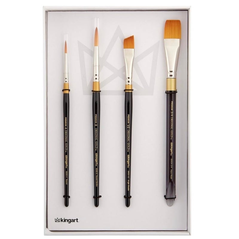 KINGART 1000H 4 PC. Original Gold Series Premium Golden Taklon, Multimedia Artist Brush Set, Short Handle, Gift Boxed, Set of 4 - Assorted Styles - Image 1