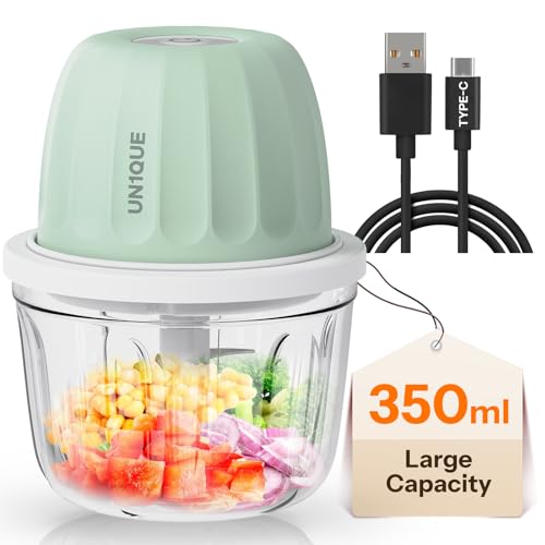 UN1QUE 350ML Rechargeable Mini Electric Chopper for Kicthen Use | One-Touch Operation | 304 Stainless Steel Blades | Chopper Electric for Chop, Mince, Puree, Whisk, Grind (Green) - Image 1