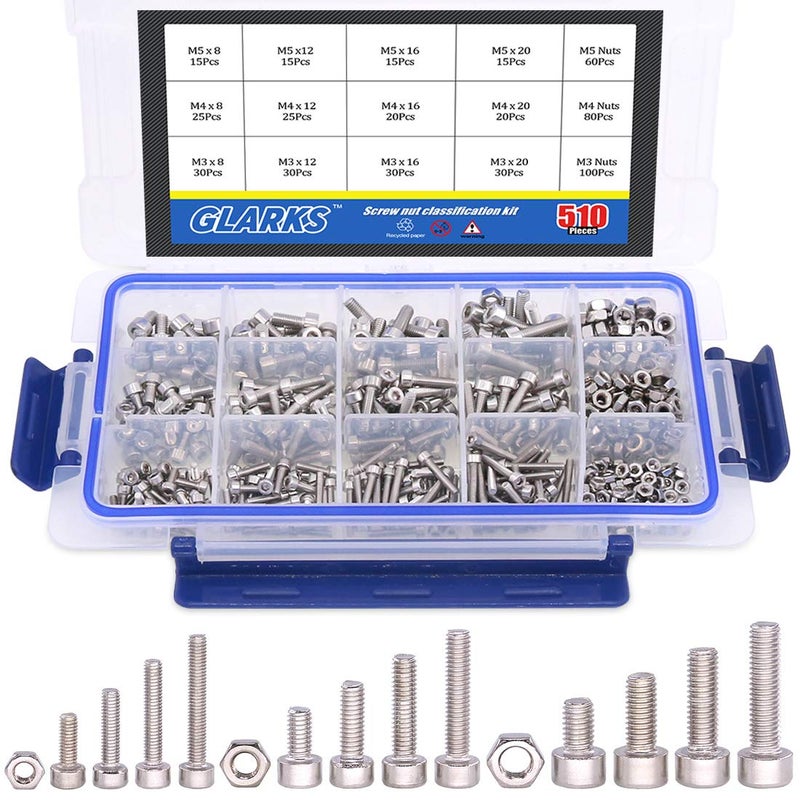 Glarks 510Pcs Metric M3 M4 M5 Alloy Steel Socket Cap Screws Hex Head Bolt Nuts Assortment Kit Black Oxide Finish - Image 2