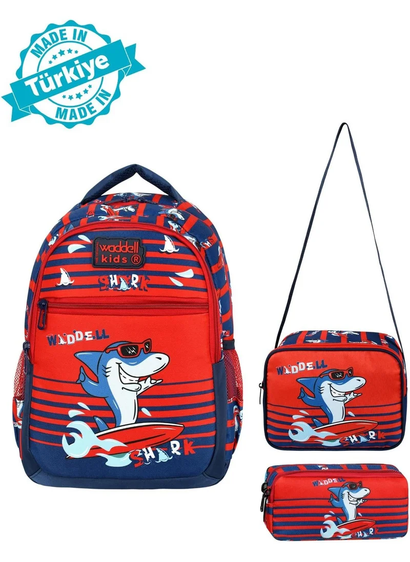واديل Licensed Navy Blue-Red Shark Patterned School Backpack, Lunch Bag and Pencil Case
