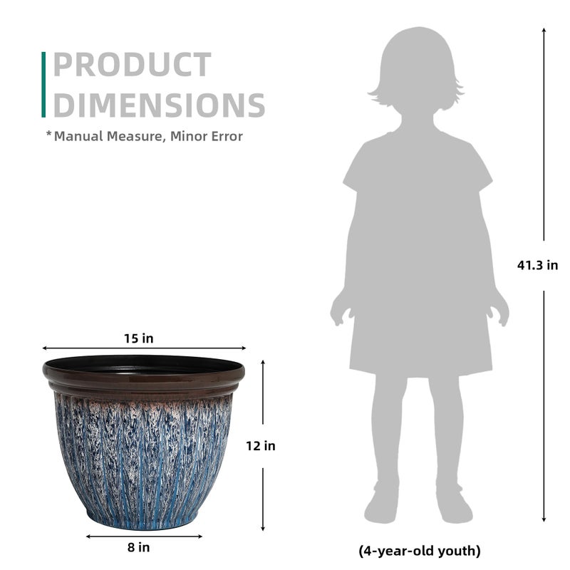 Ultym 15" D Large Flower Pots, 2-Pack Big Planters for Indoor Outdoor Plants, UV-Protect PP Container for Garden Patio Yard Balcony Porch or Home Decor, Artistic Floating Blue & Brown Glaze - Image 5