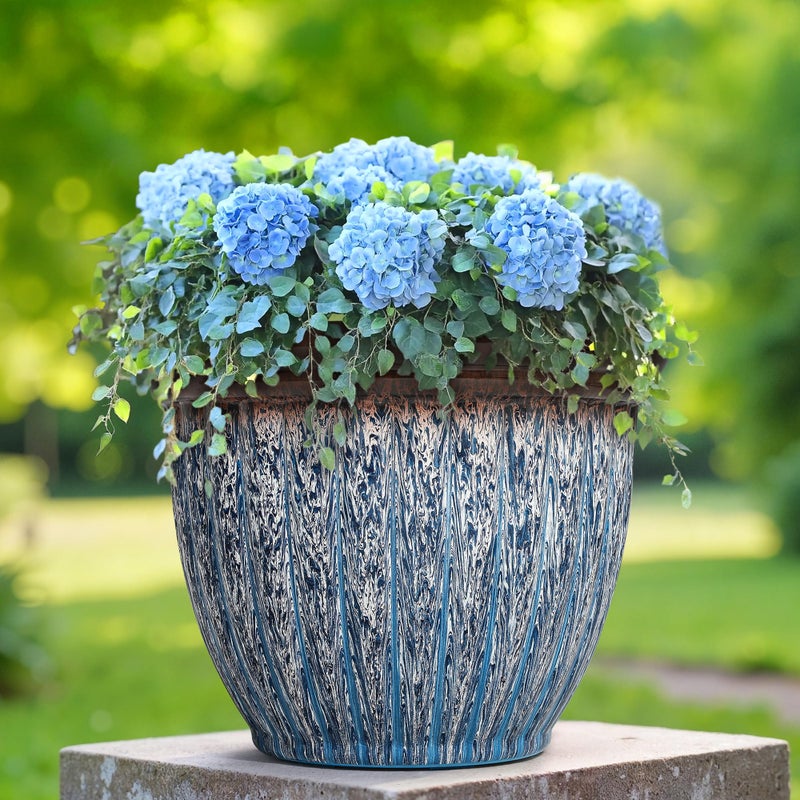 Ultym 15" D Large Flower Pots, 2-Pack Big Planters for Indoor Outdoor Plants, UV-Protect PP Container for Garden Patio Yard Balcony Porch or Home Decor, Artistic Floating Blue & Brown Glaze - Image 4