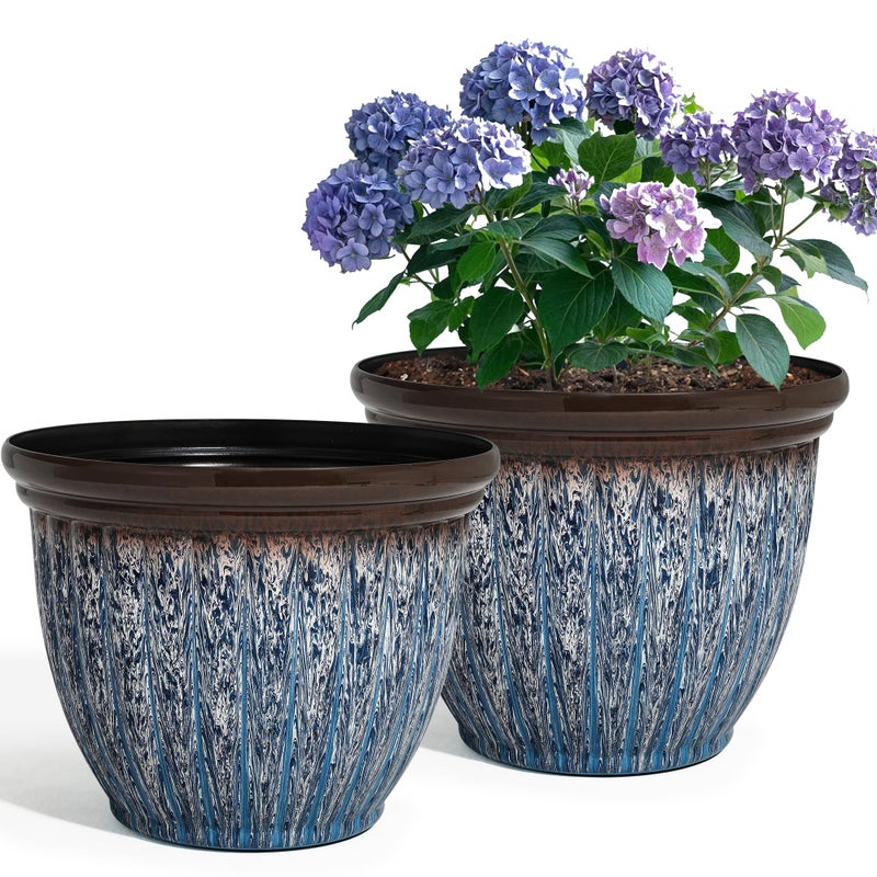 Ultym 15" D Large Flower Pots, 2-Pack Big Planters for Indoor Outdoor Plants, UV-Protect PP Container for Garden Patio Yard Balcony Porch or Home Decor, Artistic Floating Blue & Brown Glaze - Image 1