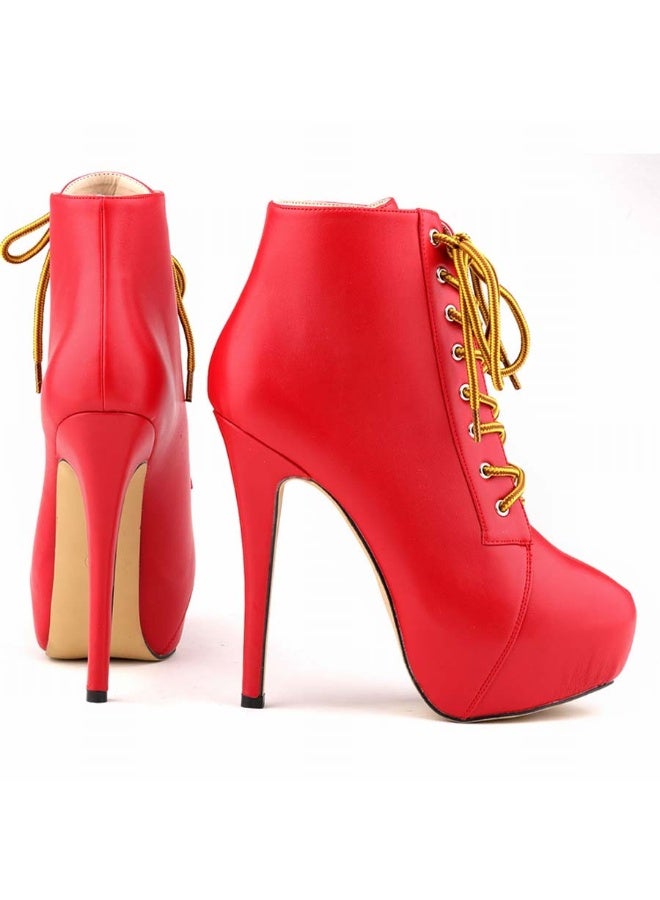 Loquat Autumn/Winter Platform Ultra High Stiletto Lace-Up Boots 14cm Red  - Image 3
