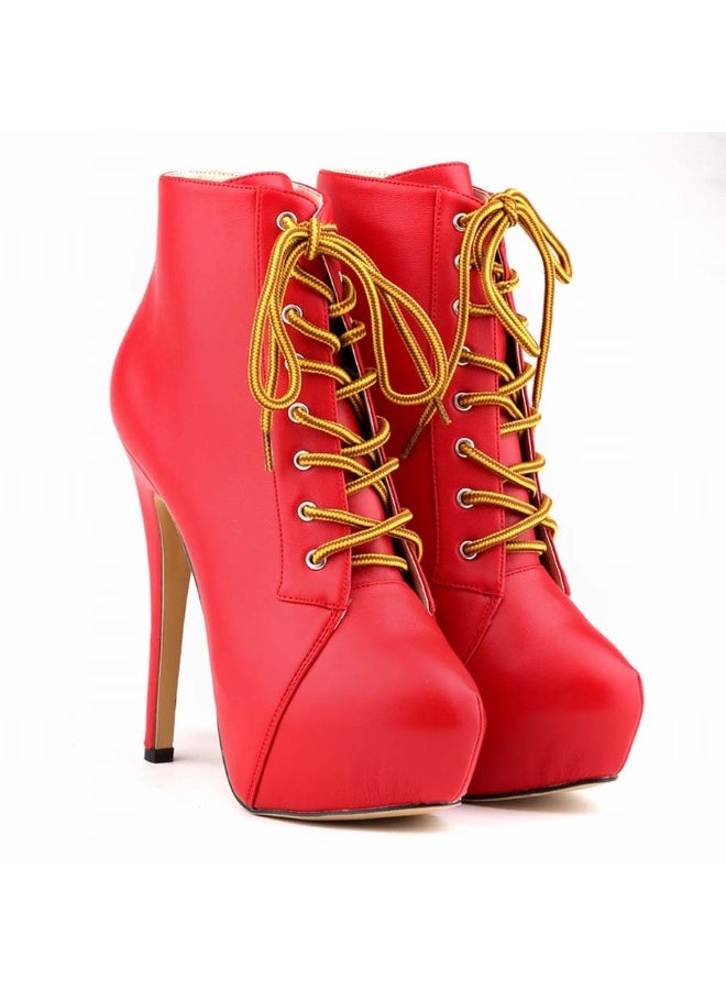 Loquat Autumn/Winter Platform Ultra High Stiletto Lace-Up Boots 14cm Red  - Image 2