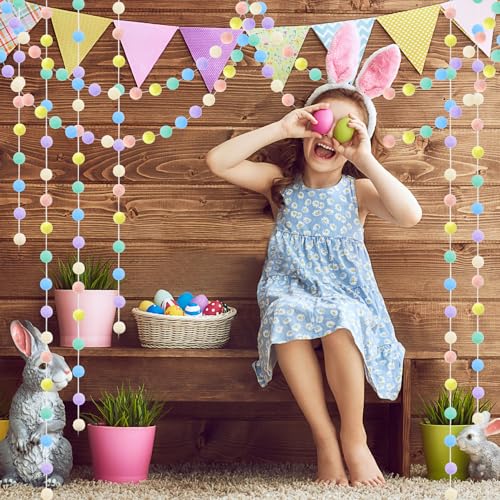 Jishi 3pk Pastel Pom Pom Garland Easter Decorations Spring Home Decor Indoor Living Room Wall Classroom Xmas Tree, Cute Hanging Rainbow Colorful Felt Ball Garland Baby Shower Wedding Birthday Party Supplies - Image 5